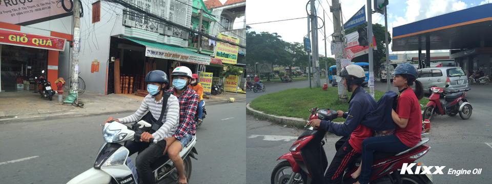 안전하지 않는 헬멧을 타고 다니는 베트남 사람들